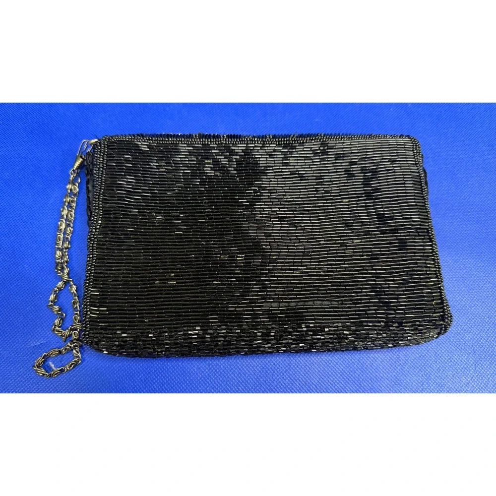 L Regale Vintage Black Beaded Evening Clutch Bag with‎ Chain Strap